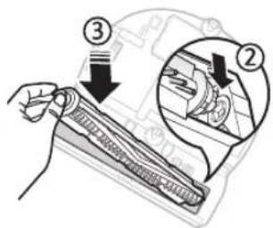 Diagram showing a hand holding a device with labeled parts, including a zoomed-in inset of the component.