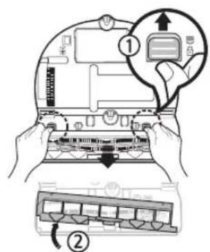 Diagram showing a device with labeled parts and a hand gesture pointing to a screen interface, likely illustrating a computer control or status.