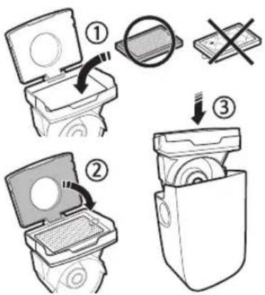Diagram illustrating three steps of installing a device into a box, with numbered instructions and magnified views.