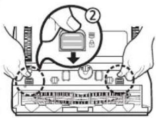 Diagram showing hands operating a device with a labeled button and directional arrows indicating process flow