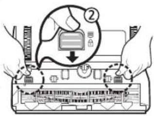 Diagram showing hands operating a device with a labeled component and directional arrows indicating action or operation.