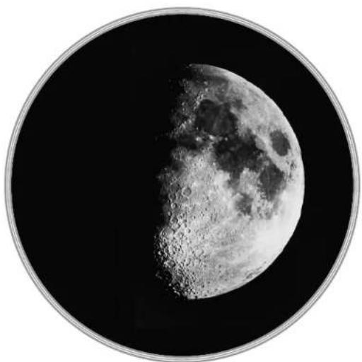 Black-and-white circular image of the Moon's surface showing craters and maria against a dark sky (no text or symbols)