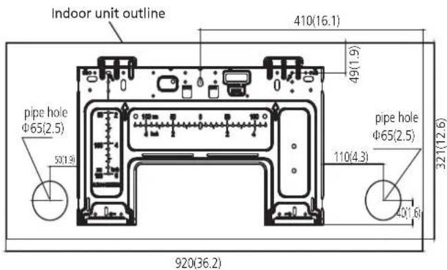 Indoor unit outline 410(16.1) 49(1.9) pipe hole Φ65(2.5) 501.9 pipe hole Φ65(2.5) 110(4.3) 321(12.6) -0(1.8) 920(36.2)