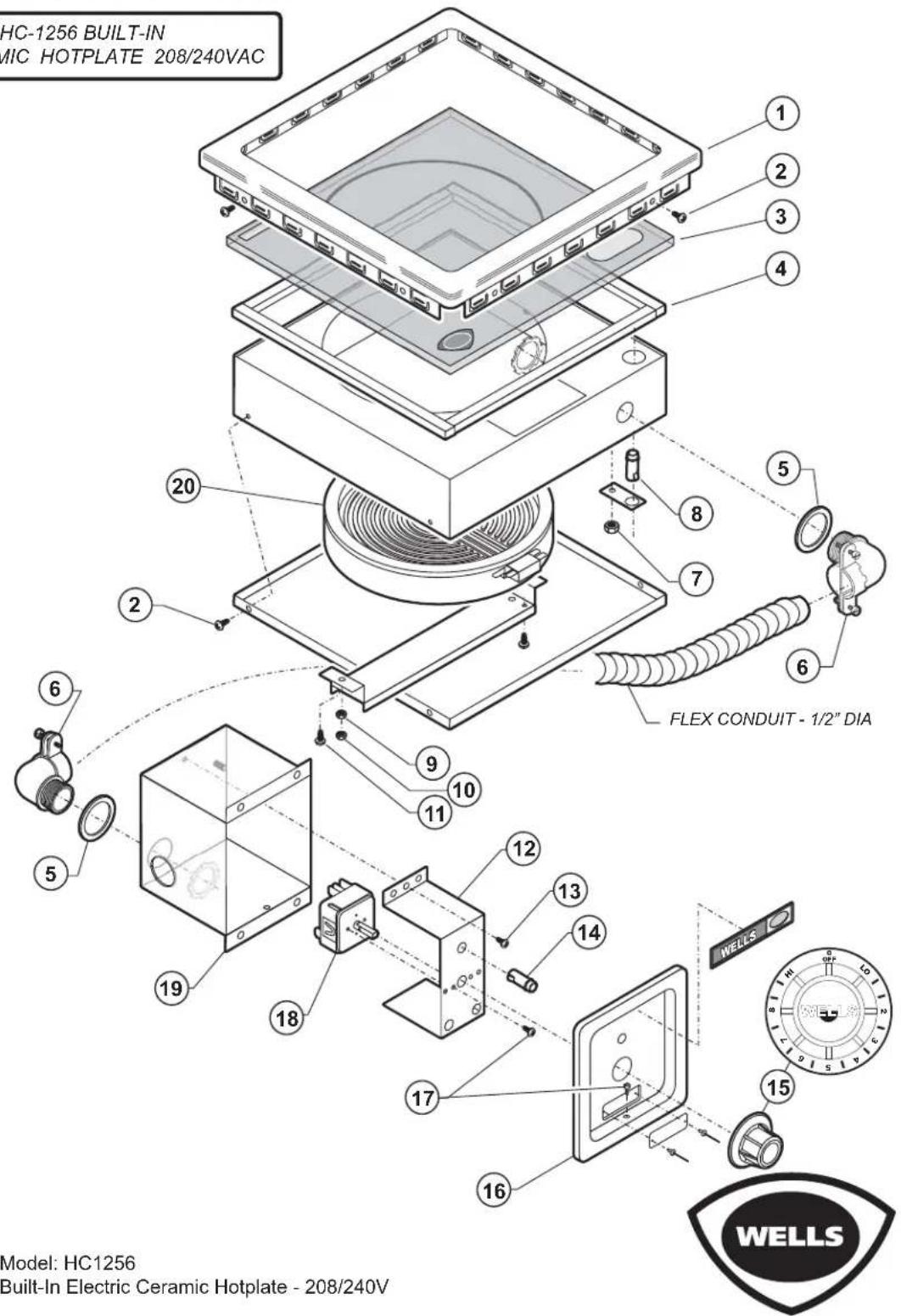 HC-1256 BUILT-IN MIC HOTPLATE 208/240VAC FLEX CONDUIT - 1/2" DIA Model: HC1256 Built-In Electric Ceramic Hotplate - 208/240V