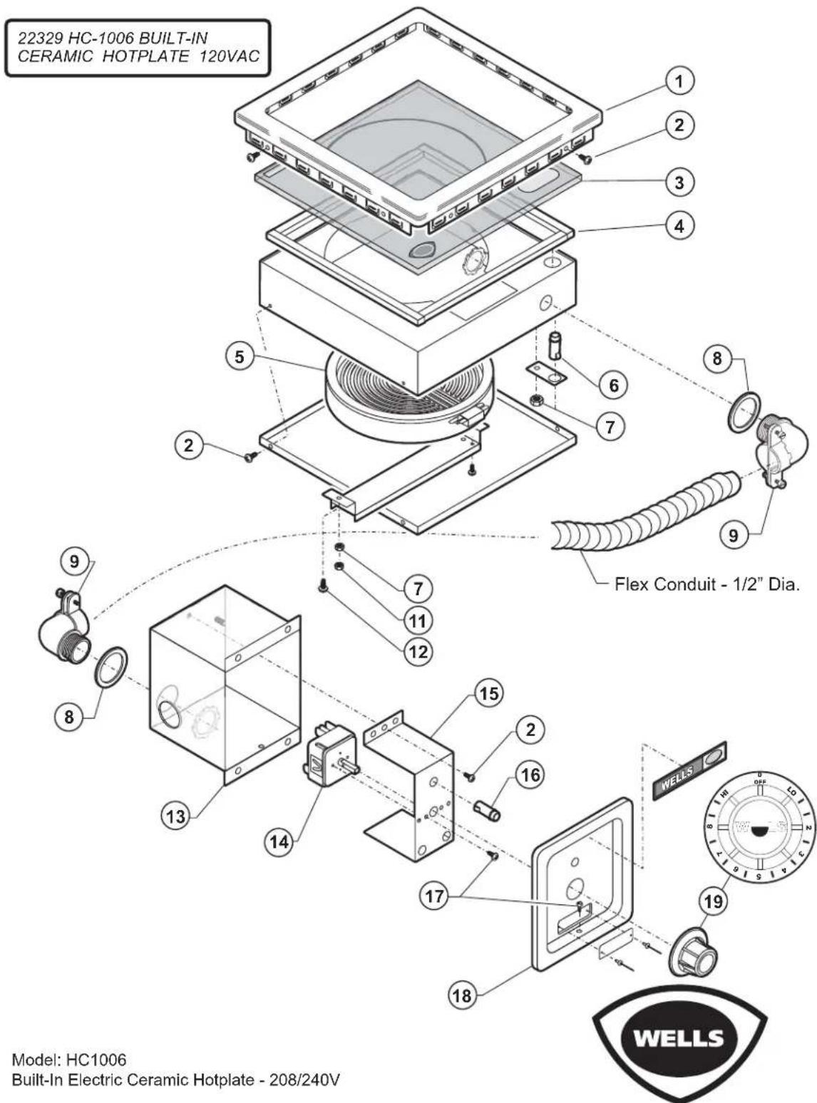22329 HC-1006 BUILT-IN CERAMIC HOTPLATE 120VAC Flex Conduit - 1/2" Dia. Model: HC1006 Built-In Electric Ceramic Hotplate - 208/240V