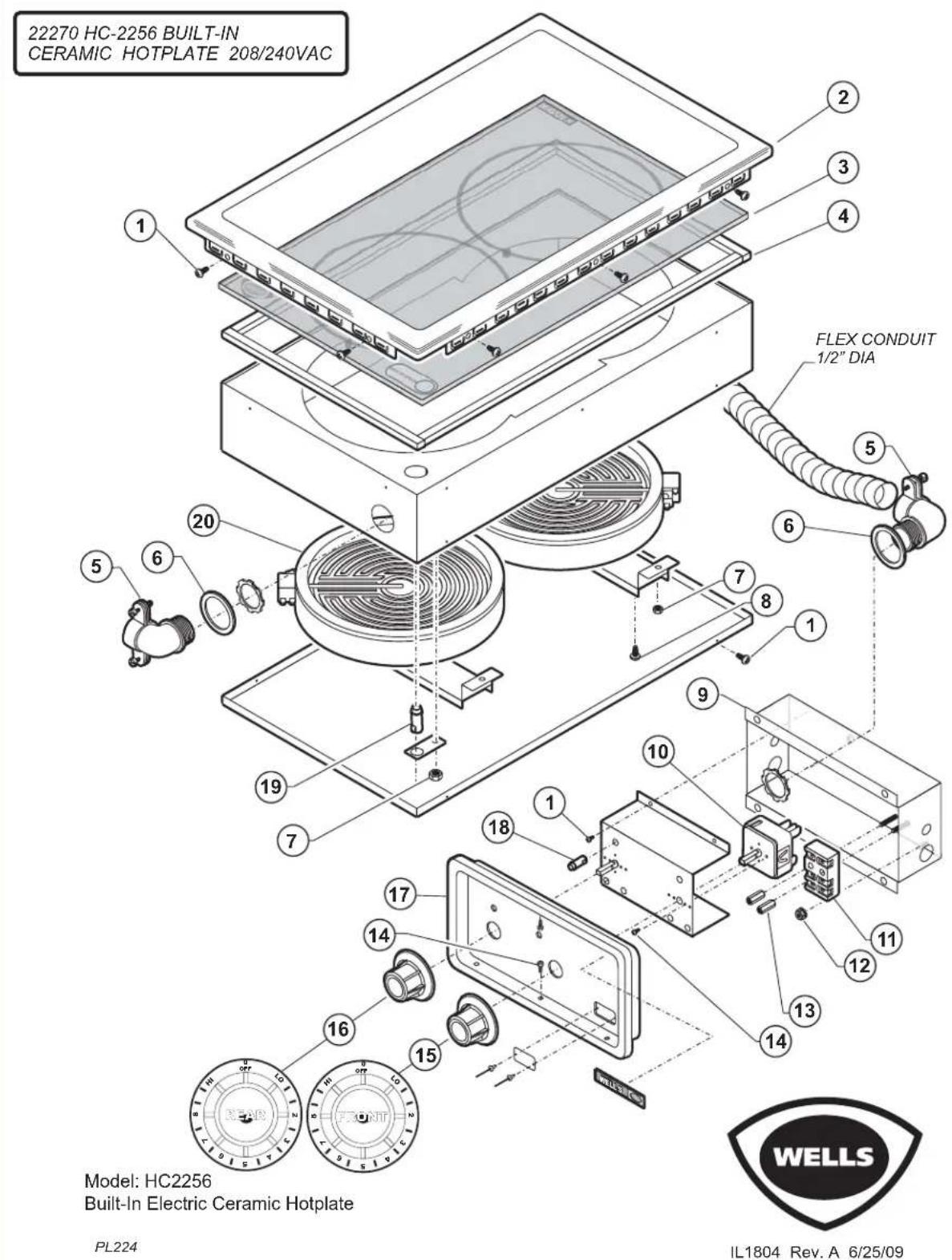 22270 HC-2256 BUILT-IN CERAMIC HOTPLATE 208/240VAC FLEX CONDUIT 1/2" DIA Model: HC2256 Built-In Electric Ceramic Hotplate PL224 IL1804 Rev. A 6/25/09