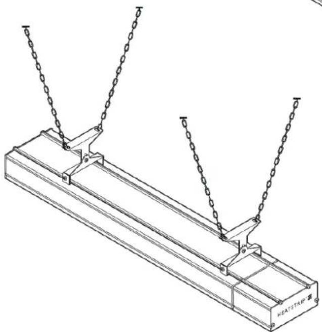 Technical line drawing of a heating element with chains and a labeled 'HEATSTRIP' base (no text or symbols beyond label)
