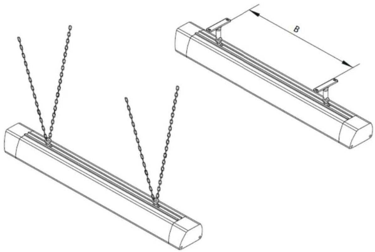 Technical line drawing of two mechanical components with chains and a labeled dimension B (no text or symbols present)