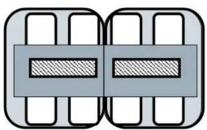 Pure diagram of two identical rectangular blocks with hatched inner regions, no text or symbols present.
