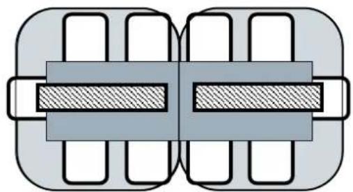 Pure mechanical assembly diagram showing two parallel plates with hatched sections, no text or symbols present