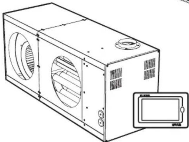Technical line drawing of a rectangular industrial air conditioning unit with circular vented slots and mounting flanges (no text or symbols)