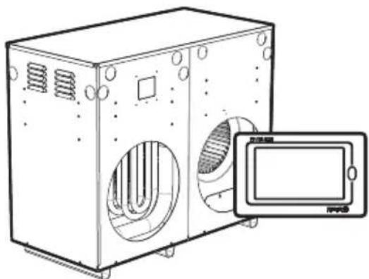 Line drawing of an industrial air conditioning unit with ventilation ducts and a close-up inset showing a labeled control panel (no text or symbols on the device itself)