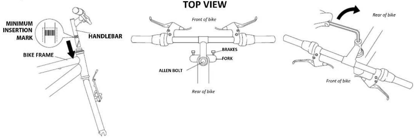 MINIMUM INSERTION MARK HANDLEBAR BIKE FRAME TOP VIEW Front of bike BRAKES FORK ALLEN BOLT Rear of bike Rear of bike Front of bike