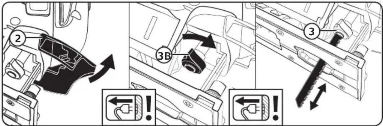 Technical diagram showing mechanical assembly steps with labeled components and directional arrows indicating movement or movement.