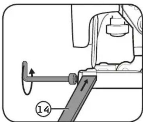 Technical diagram showing mechanical assembly with labeled component 14 and directional arrows indicating motion or movement.
