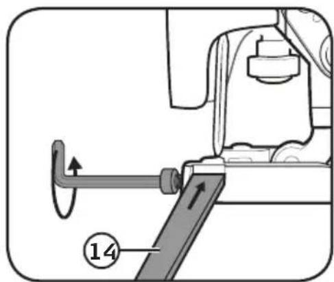 Technical diagram showing mechanical assembly with labeled component 14 and directional arrows indicating motion or movement.