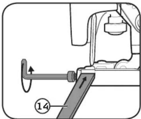 Technical diagram showing mechanical assembly with labeled component 14 and directional arrows indicating motion or movement.