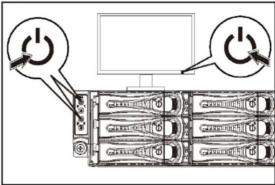 Diagram showing power switch connections to a server rack with two labeled buttons and a monitor screen