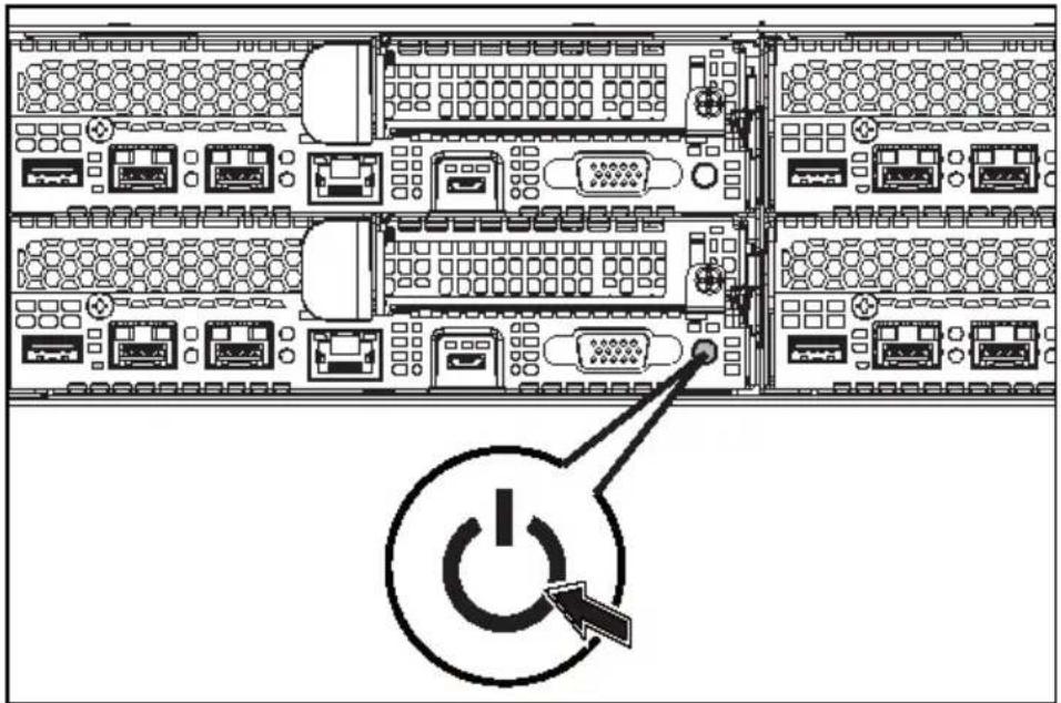 Diagram of a server rack with labeled ports and a power button icon pointing to the right side.