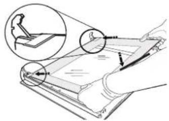 Diagram illustrating a hand holding a device with magnified views showing the mechanism of a tool or device.