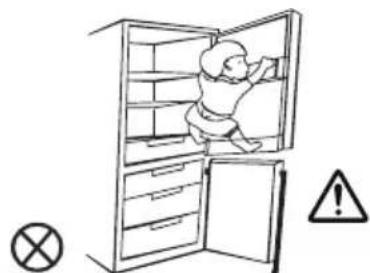 Safety warning illustration showing a child inside an open refrigerator with a warning symbol and a cross symbol.