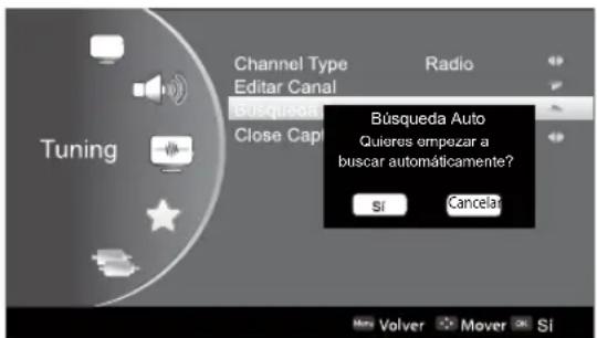 Channel Type Editor Canal Búsqueda Auto Quiores empezar a buscar automáticamente? Sí Cancelar Tuning