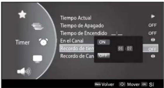Tiempo Actual Tiempo de Apagado Tiempo de Encendido _:_ En el Canal ON Recordo de tiem 01:07 OFF Recordo de Can OFF Timer Volver Mover Si