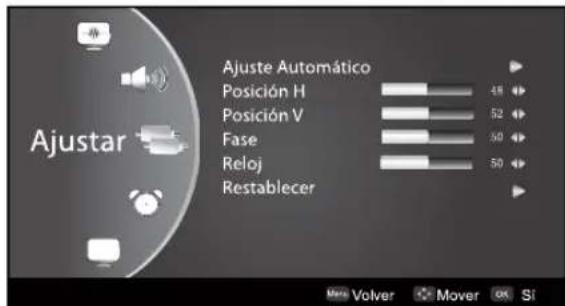 Ajustar Ajuste Automático Posición H 48 Posición V 52 Fase 50 Reloj 50 Restablecer