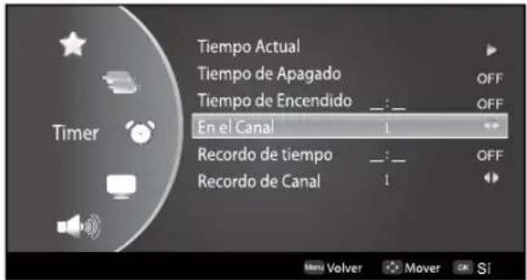 Tiempo Actual Tiempo de Apagado Tiempo de Encendido En el Canal 1 Recordo de tiempo Recordo de Canal 1 Timer OFF OFF OFF Volver Mover Si