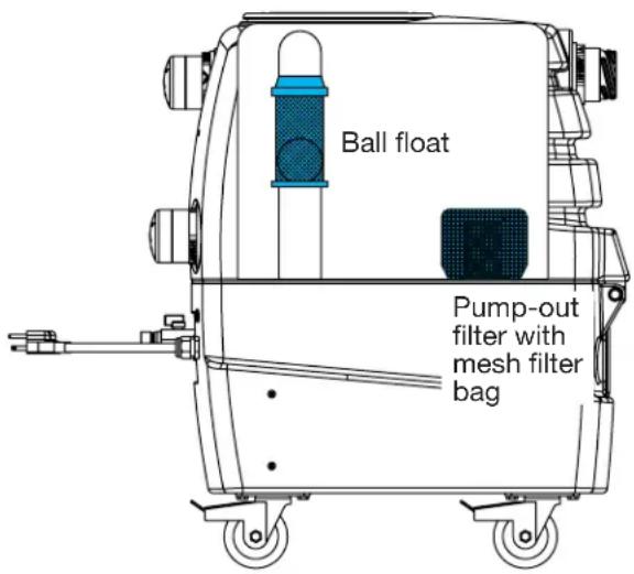 Ball float Pump-out filter with mesh filter bag