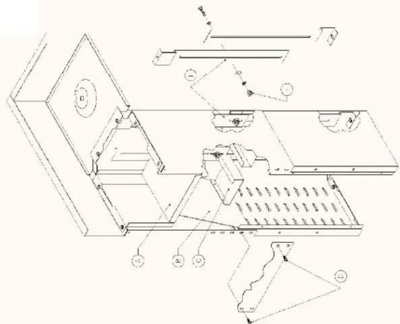 Technical diagram of a multi-level kitchen or oven with labeled components and structural details