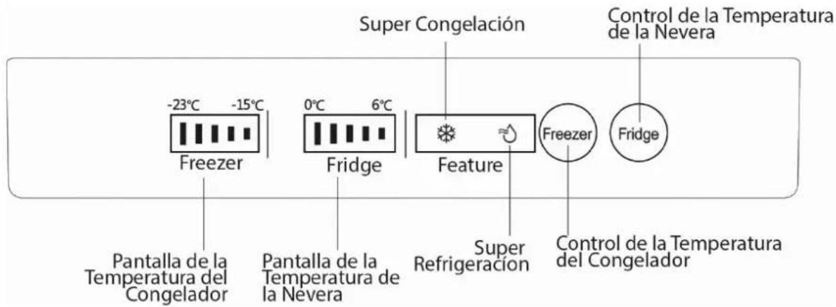 -23°C -15°C Super Congelación Control de la Temperatura de la Nevera Freezer 0°C 6°C Fridge Feature Freezer Fridge Pantalla de la Temperatura del Congelador Pantalla de la Temperatura de la Nevera Super Refrigeración Control de la Temperatura del Congelador
