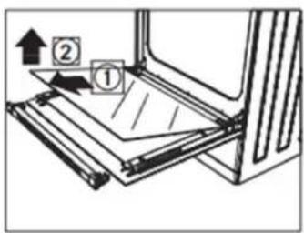 Diagram showing a mechanical assembly with labeled parts ① and ②, indicating directional movement or assembly steps.