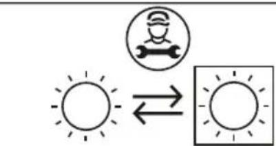 Weather icon and directional arrow showing sun, worker symbol, and grid symbols