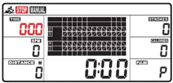 STOP MANUAL TIME 0:00 SPM 0 DISTANCE M 0 0:00 STROKES 0 CALORIES 0 PULSE P