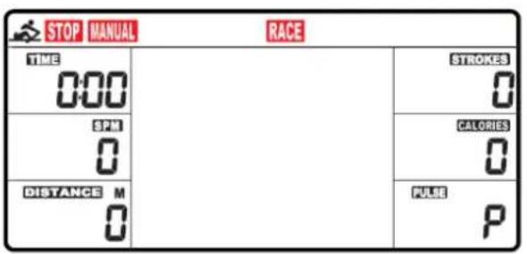 STOP MANUAL RACE TIME 000 SPM 0 DISTANCE M 0 STROKES 0 CALORIES 0 PULSE P