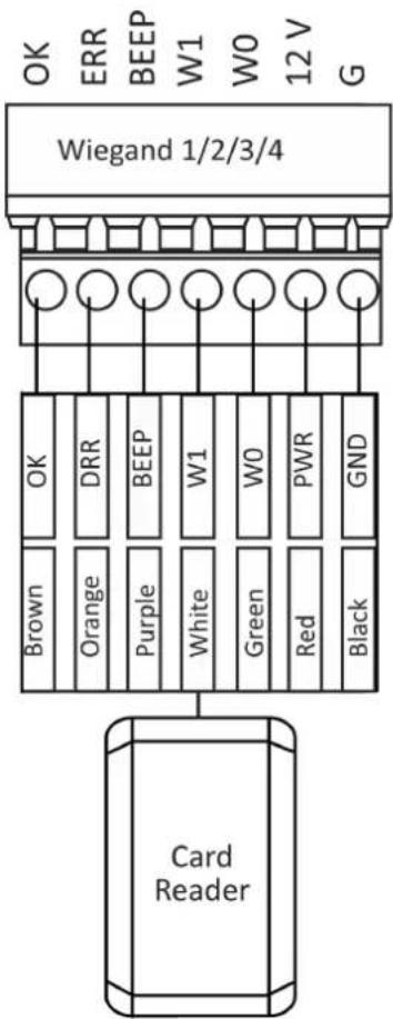 OK ERR BEEP W1 W0 12 V G Wiegand 1/2/3/4 Brown OK DRR BEEP W1 W0 PWR GND Orange Purple White Green Red Black Card Reader