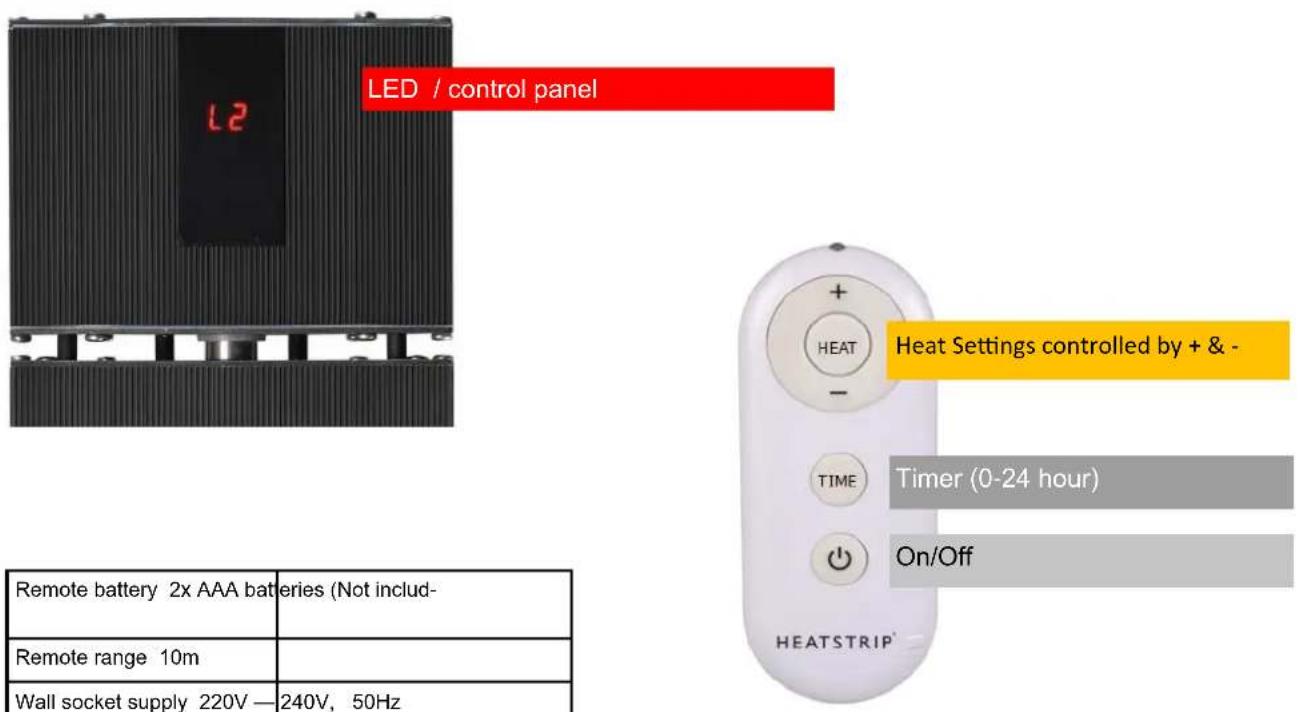 LED / control panel Remote battery 2x AAA batteries (Not includ- Remote range 10m Wall socket supply 220V — 240V, 50Hz HEAT Settings controlled by + & - TIME Timer (0-24 hour) On/Off HEATSTRIP
