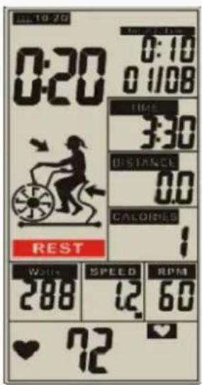 0:20 0:10 0 1/08 TIME 3:30 DISTANCE 0.0 CALORIES 1 REST Watts 288 SPEED 12 RPM 60 ♥ 72