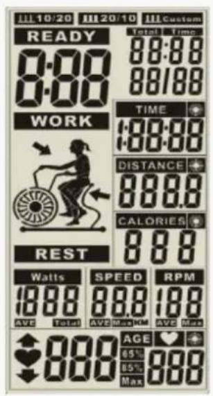 III 10/20 III 20/10 III Custom READY 0:00 8:00 WORK TIME 00:00 DISTANCE 888.0 CALORIES 888 REST Watts 888 AVE Total SPEED 888 AVE Max KM RPM 198 AVE Max AGE 65% 85% Max 888