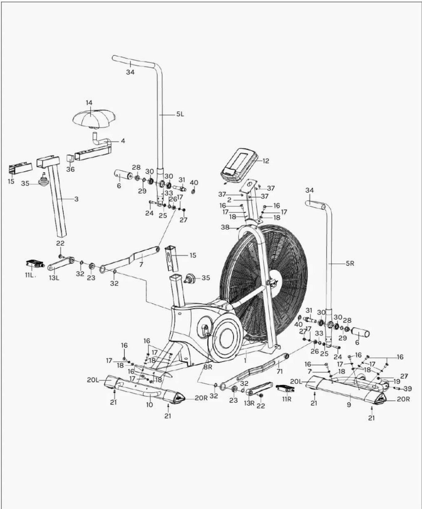 Technical diagram of an exercise machine with numbered components and labeled parts in English