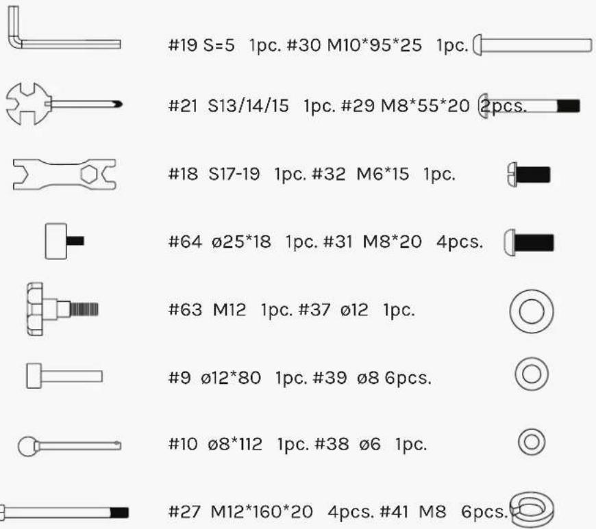 #19 S=5 1pc. #30 M10*95*25 1pc. #21 S13/14/15 1pc. #29 M8*55*20 2pcs. #18 S17-19 1pc. #32 M6*15 1pc. #64 Ø25*18 1pc. #31 M8*20 4pcs. #63 M12 1pc. #37 Ø12 1pc. #9 Ø12*80 1pc. #39 Ø8 6pcs. #10 Ø8*112 1pc. #38 Ø6 1pc. #27 M12*160*20 4pcs. #41 M8 6pcs.