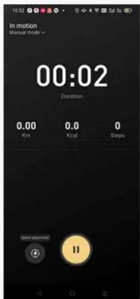 In motion Manual mode 00:02 Duration 0.00 0.0 0 Km Kcal Steps Speed adjustment II
