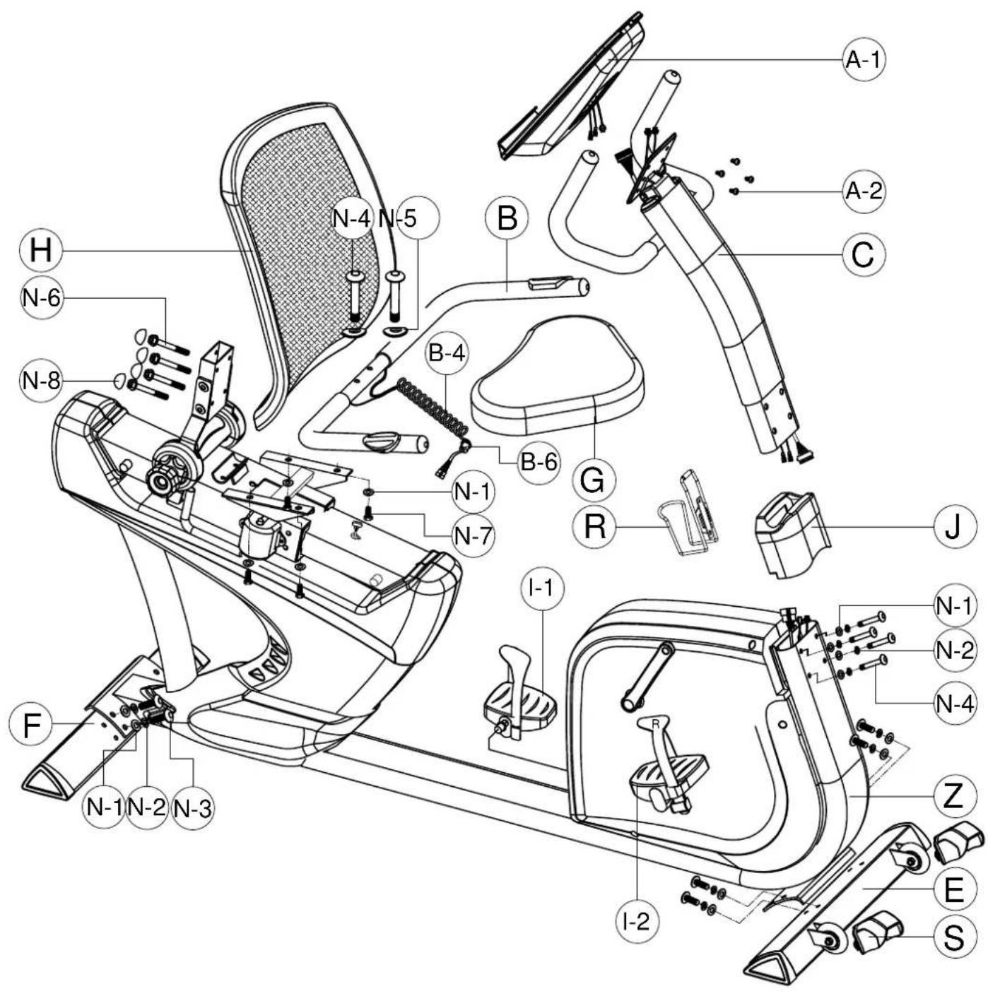 Technical diagram of a stationary exercise machine with labeled components from N-1 to N-8