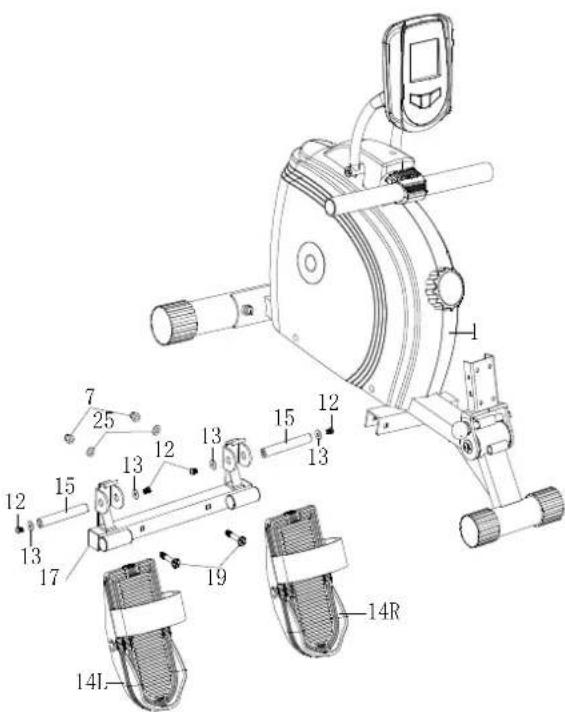 Technical diagram of a stationary exercise machine with labeled parts and numbered components