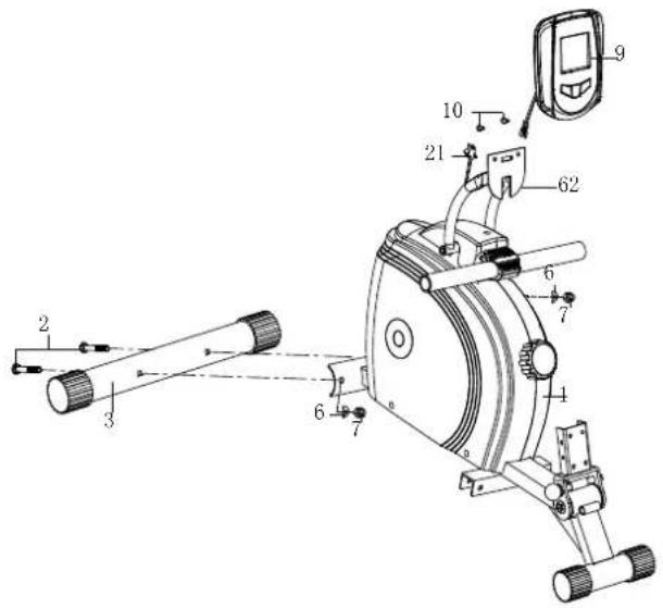 Technical diagram of a stationary exercise machine with numbered components and labeled parts