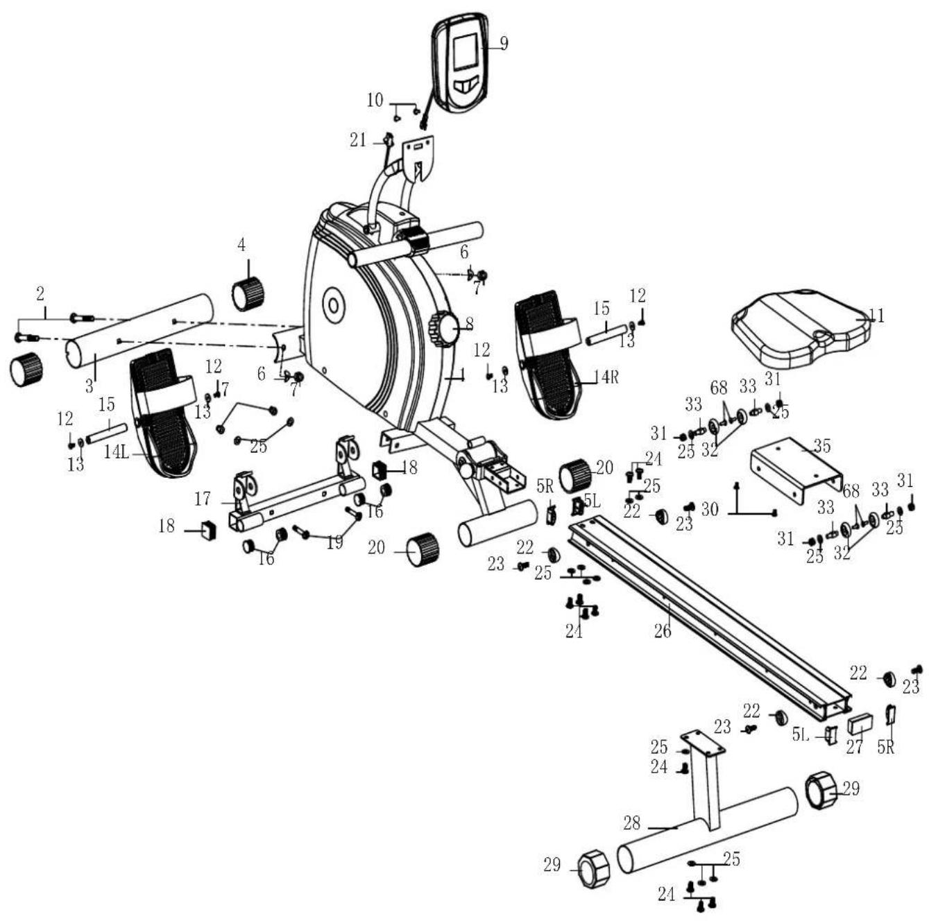 Exploded view diagram of a mechanical device with numbered components and labeled parts