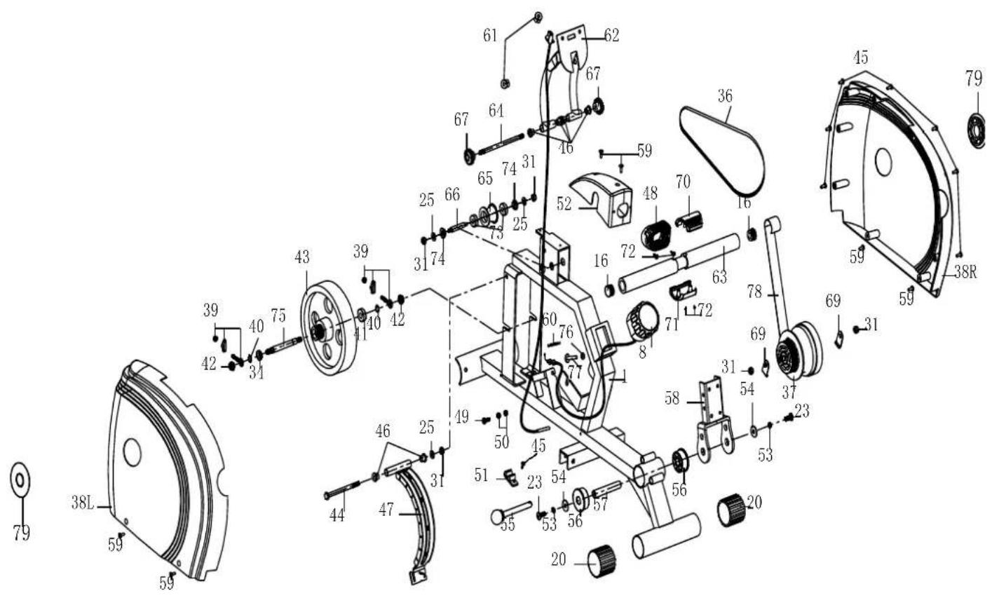 Exploded view diagram of a mechanical assembly with numbered components and labeled parts