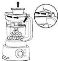 Diagram of a blender with labeled parts and an inset showing the process with arrows and a magnified view.
