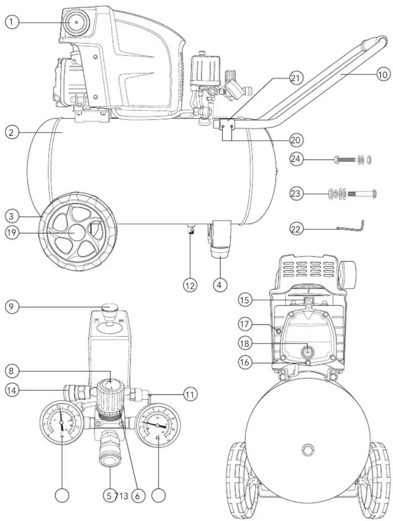 Technical diagram of a mechanical device with numbered parts and labeled parts for identification.